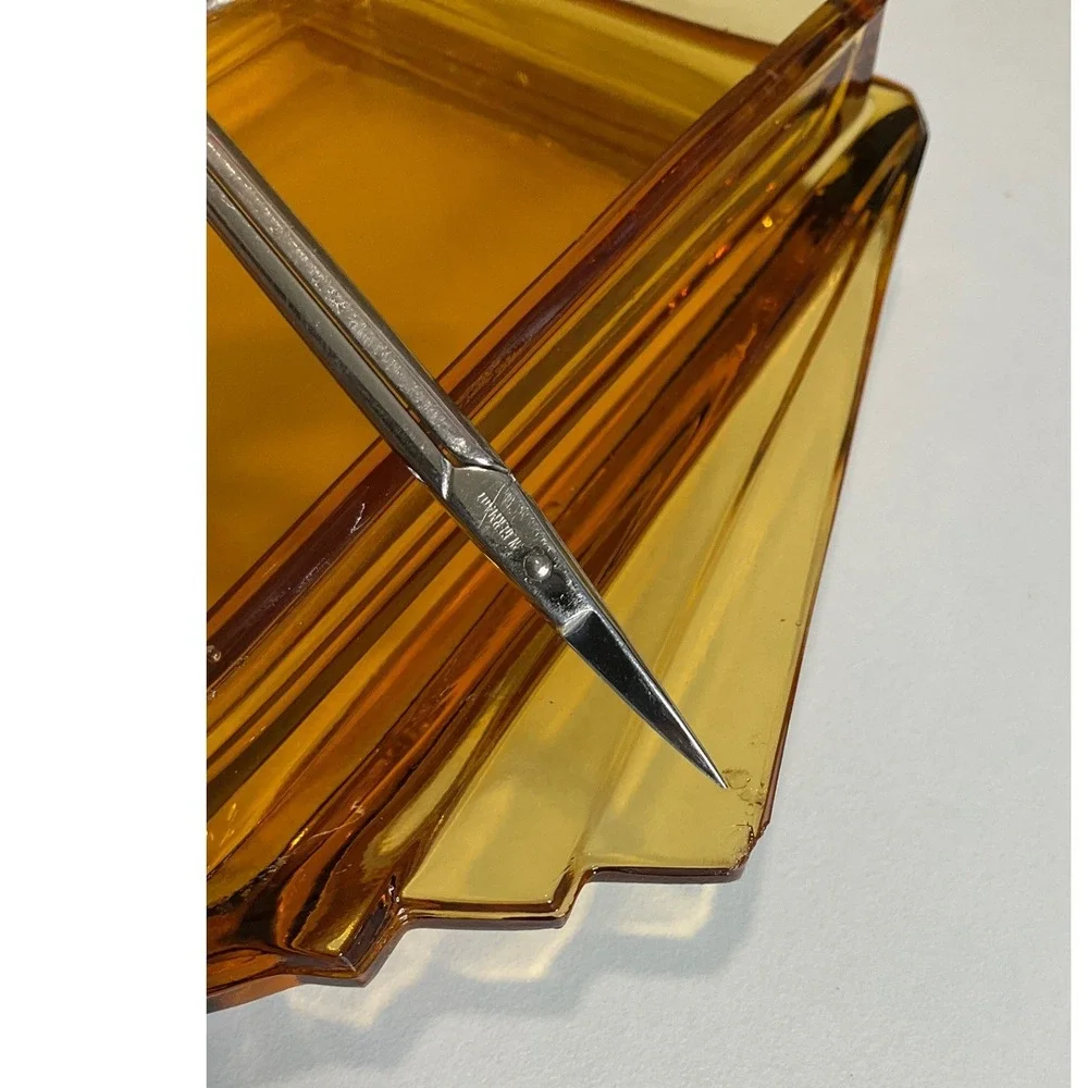 Antique Vintage Czech Art Deco Amber Glass 5-Piece Vanity Set Serving Tray MCM